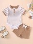 2pcs Baby's Stripe Pattern Ribbed Summer Set Short Sleeve Onesie & Casual Shorts Baby Boy's Clothing As Gift