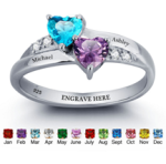 N270 - 925 Sterling Silver Personalized Couples Names & Birthstones Ring Size 6-11