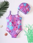 2 Pcs Girl's Onesie Swimsuit & Swimming Cap Rainbow Unicorn Floral Print Camisole Bathing Suit Kids Clothes For Summer Beach Vac
