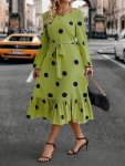 Polka Dot Print Lace Up Ruffle Hem Dress Elegant Long Sleeve Crew Neck Dress For Spring & Fall Women's Clothing