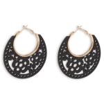 Black & Gold Floral Cutout Wood Hoop Earrings