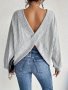 Textured Backless Crew Neck T-Shirt Casual Long Sleeve Top For Spring & Fall Women's Clothing