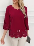 Solid Color Eyelet V Neck Blouse Casual Scallop Trim 3 4 Sleeve Top For Spring & Fall Women's Clothing