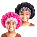 2PCS Satin Bonnets Set Elastic Band Printed Night Sleep Cap Hair Protection Soft Bonnet Flower Pattern For Children