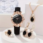 5 Pcs Black Round Rhinestone Quartz Watches Pu Leather Strap Zinc Alloy Pointer Zinc Alloy Dial And Rhinestone Necklace Earrings