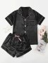 Women's Solid Satin Casual Pajama Set Short Sleeve Buttons Lapel Top & Bow Detail Shorts Comfortable Relaxed Fit