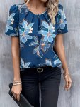 Floral Print Ruched Front Blouse Vacation Style Short Sleeve Blouse For Spring & Summer Women's Clothing