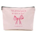Bible Verse Makeup Bag For Women Coquette Pink Bow Portable Travel Organizer Toiletry Pouch Cosmetic Bag With Zipper Inspiration