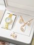 1PC Rhinestone Decor Quartz Watch & 4PCS Jewelry Set