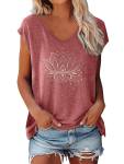 Lotus Print V-neck T-Shirt Casual Cap Sleeve T-Shirt For Spring & Summer Women's Clothing