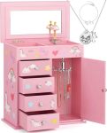 Efubaby Upgrade Jewelry Box For Girls 5-LAYER 9.09X5X9.84 Inch With Swing Door Spinning Ballerina Unicorn&castle Design With Uni