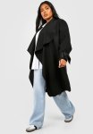 Plus Waterfall Longline Cuff Detail Coat - Black