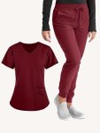 Solid Two-piece Set Casual Short Sleeve V Neck Scrub Top & Drawstring Pants Outfits For Health Care & Medical Care Women's Cloth