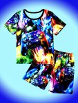 2PCS Boy's Glow In The Dark Flame Sci-fi Gamepad Print Short Sleeve T-shirts & Elastic Waist Shorts Set Comfy & Skin-friendly Un