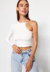 Corduroy Fitted Crew-neck One-sleeve Flexible Knitted Blouse - Ecru