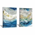 Hardy Gallery Abstract Painting Canvas Wall Art: Blue Picture Hand Painted Artwork For Living Room 24" X 18" X 2 Panels