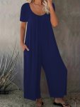 Plus Size Solid Ruched Pocket Jumpsuit Casual Short Sleeve Crew Neck Jumpsuit Women's Plus Sizeclothing