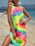 Tie Dye Crew Neck Tank Dress Elegant Sleeveless Curved Hem Dress For Spring & Summer Women's Clothing