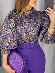 Floral Print Mock Neck Blouse Casual Lantern Sleeve Blouse Women's Clothing