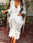 Guipure Lace V Neck Cocktail Dress Elegant Long Sleeve Sheath Evening Dress For Party & Banquet Women's Clothing