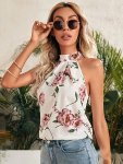 Floral Print Mock Neck Blouse Vintage Sleeveless Blouse For Spring & Summer Women's Clothing