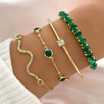 4PCS SET Elegant Green Imitation Gemstone Rhinestone Claw Chain Snake Bracelet Open Bangle For Women