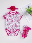 3PCS Newborn Infant Short Sleeve Romper Rose Print Crew Neck Bodysuit Onesies & Flower Headband & Bow Shoes Set For Baby Girls T