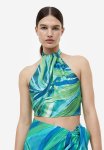 Draped Halterneck Top - Turquoise Patterned