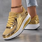Women's Fashion Sneakers Lace-up Thick Sole With Shiny Accents Glitter Low-top Walking Shoes