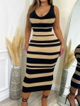 Striped Pattern V-neck Tank Dress Casual Sleeveless Bodycon Dress For Spring & Summer Women's Clothing