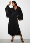 Cape Sleeve Wrap Midi Dress - Black
