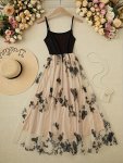 Butterfly Print Contrast Mesh Splicing Dress Elegant Sleeveless Swing Cami Dress For Spring & Summer Women's Clothing