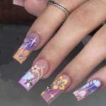 24 Pcs Spring Press On Nails Medium Square Fake Nails With 3D Star And Rhinestone Design Glossy Glue On Nails Flower Artificial