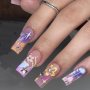 24 Pcs Spring Press On Nails Medium Square Fake Nails With 3D Star And Rhinestone Design Glossy Glue On Nails Flower Artificial Acrylic Nails