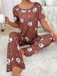 Cartoon Bear Print Pajama Set Short Sleeve Crew Neck Top & Elastic Pants Women's Sleepwear & Loungewear