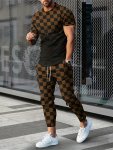 2-PIECE Men's Leisure Outfit Set Checkered Men's Color Block Short Sleeve Crew Neck T-Shirt & Drawstring Long Pants With Pockets
