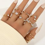 Elegant 9PCS Boho Chic Ring Set With Rhinestones - Moon Star & Floral Designs For Casual Attire And Parties