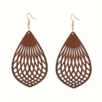 Leaf Shape Hollow Pattern Dangle Earrings Simple Bohemian Style Wooden Jewelry Holiday Ear Ornaments