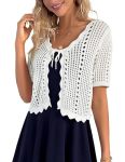 Kate Kasin Women White Shrug For Dress Knitted Crochet Shrug Sweater Short Sleeve Cropped Cardigan Summer M