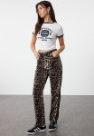 Leopard Patterned Straight Cut Woven Trousers - Brown