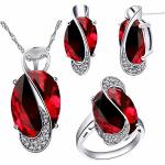 Uloveido Women's Platinum Plated Created Oval Cz Pendant Necklace Clip On Earrings Halo Rings Wedding Jewelry Set Red Size 5 T47
