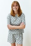 Heart Patterned T-shirt-shorts Knitted Pajama Set - Grey Melange