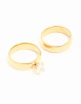 Waterproof Gold Plated Stainless Steel Cubic Zirconia & Sleek Band Rings 2-PACK - M l