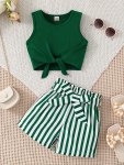 Girls 2PCS Sleeveless Top + Stripped Shorts With Bow Belt Set For Summer Gift Party Outdoor