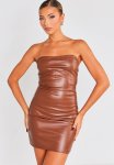 Pointed Corset Detail Leather Bodycon Dress - Chocolate
