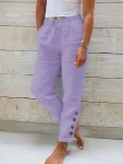 Solid Color Drawstring Waist Pants Casual Button Decor Straight Leg For Spring & Summer Women's Clothing