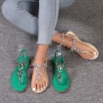 Women's Rhinestone Decor Thong Sandals Elastic Ankle Strap Lightweight Soft Sole Shoes Non-slip Vacation Beach Shoes