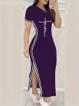 Faith Print Split Hem Bodycon Dress Casual Contrast Trim Crew Neck Short Sleeve Dress For Spring & Summer Women's Clothing For P