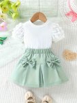 Mint Green 2PCS Girls Outfit Texture Short Sleeve T-Shirt + Bow Short Skirt Set For Summer Party Gift