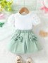 Mint Green 2PCS Girls Outfit Texture Short Sleeve T-shirt + Bow Short Skirt Set For Summer Party Gift